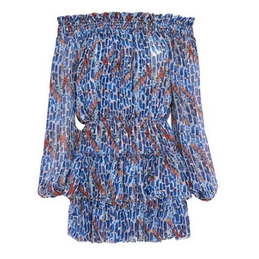 CAROLINE CONSTAS for INTERMIX Off-Shoulder Blue and Red Patterned Minidress Med
